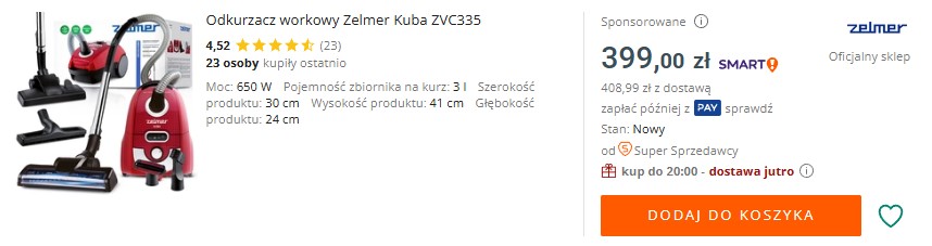 Świąteczna strategia Allegro Ads - przykład oferty z listingu z dostawą przed świętami