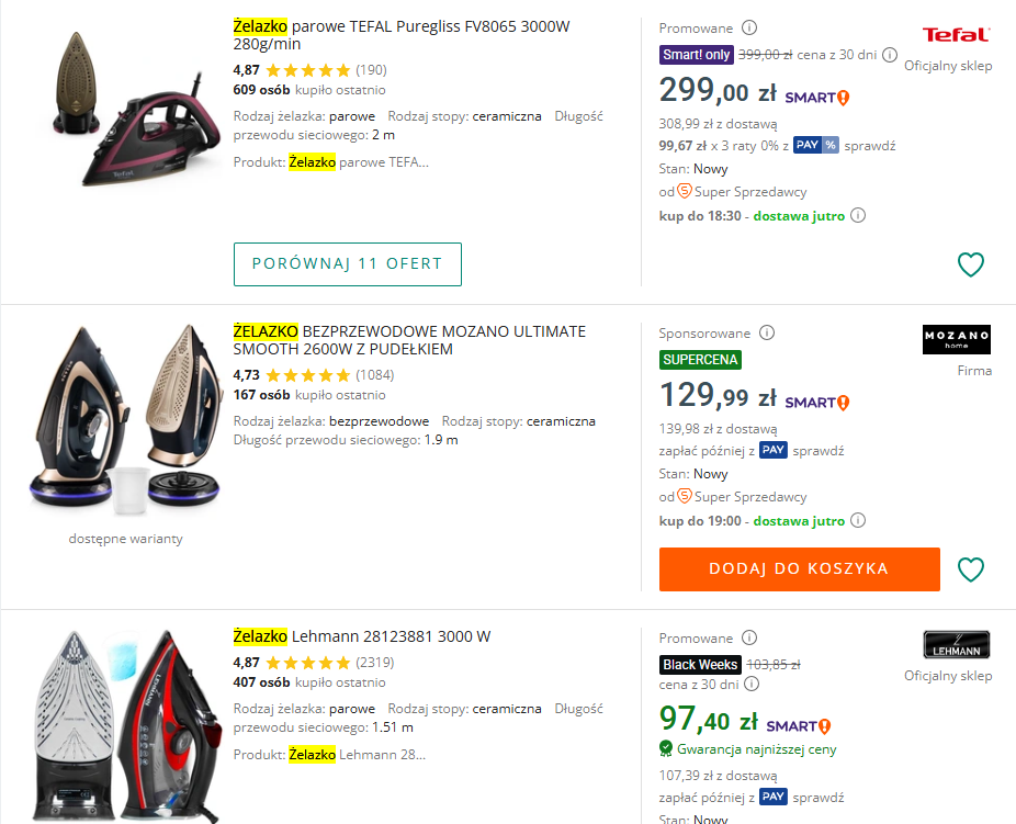 Listing produktów Allegro - przykład ofert po wpisaniu frazy "żelazko"