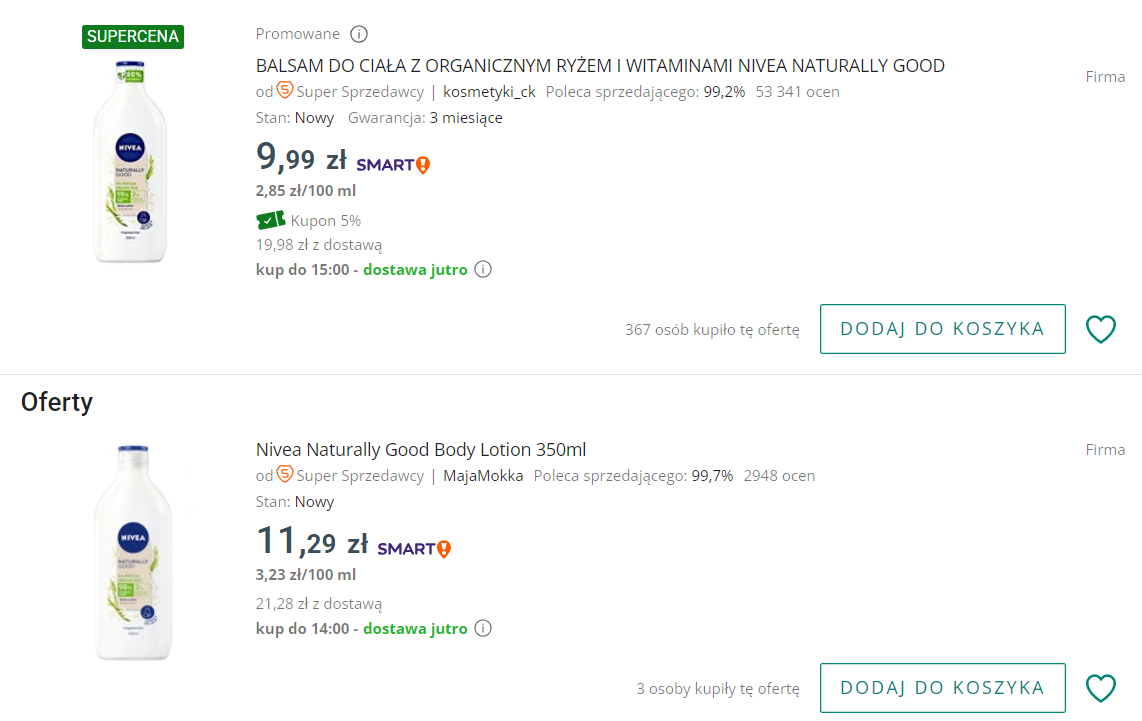 Lista ofert Allegro - jak było wcześniej, wygląd per oferty na listingu