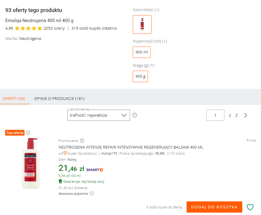 Porównywanie ofert na Allegro - przeniesienie na listę ofert danego produktu przykład Balsamów