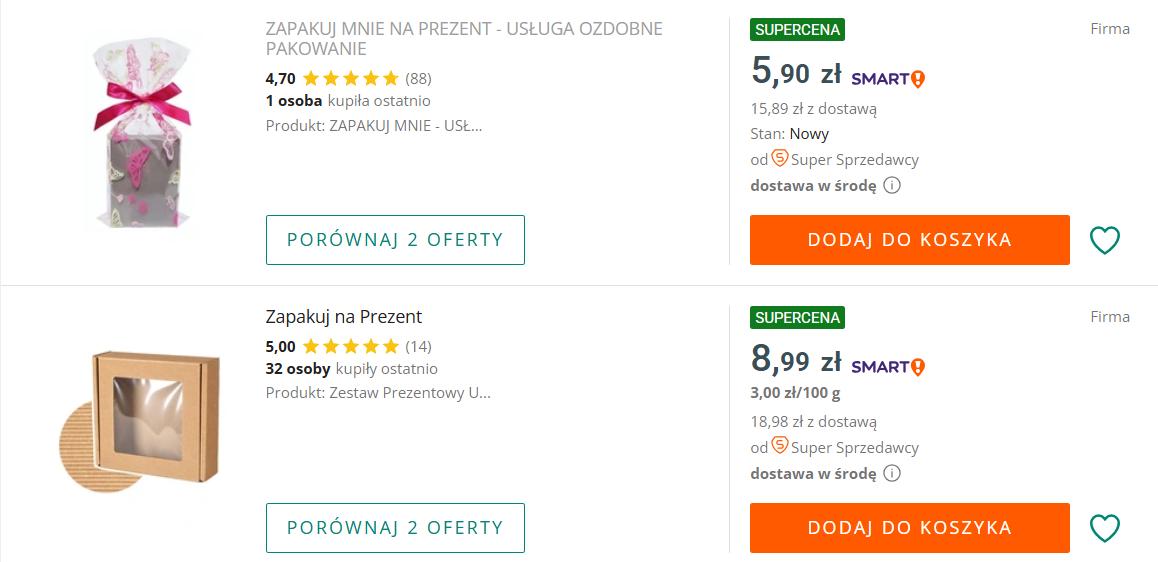 Up-selling - możliwości na Allegro. Przykład opcji dodatkowej - zapakowania na prezent